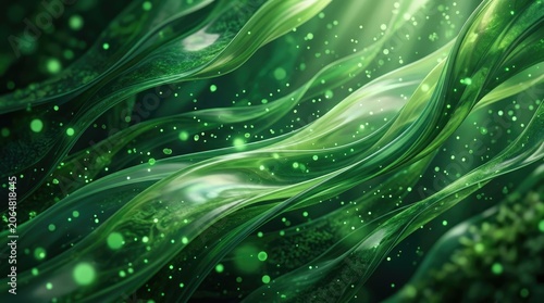 Abstract Green Light Waves with Sparkles and Glowing Particles