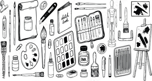Hand drawn art supplies vector elements set with sketchbook brushes paint palette and easel on white backdrop