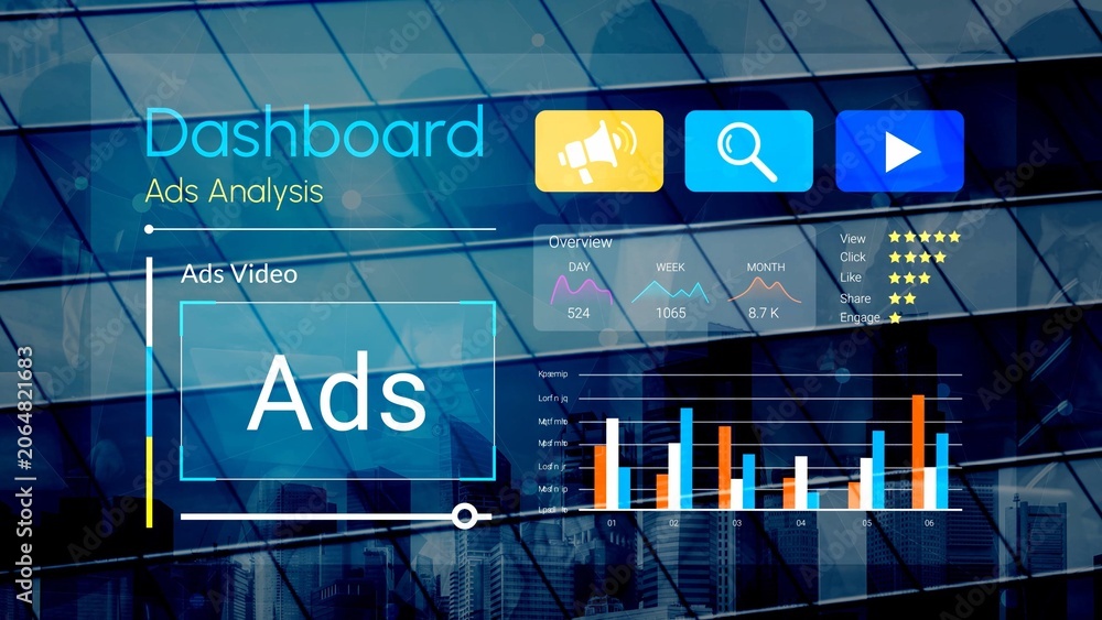 Fototapeta premium Dashboard with Data Visualization of Ads Analysis Including Charts, Graphs, and Media Controls for Digital Marketing Insights and Performance Tracking Gluon.