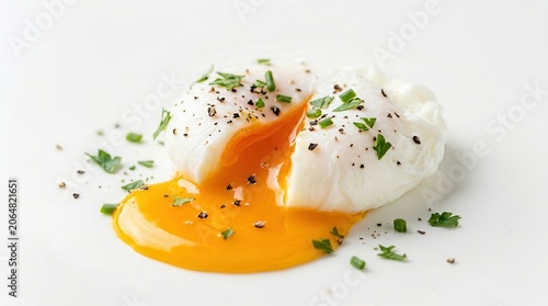 A perfectly poached egg with a runny yolk and herb garnish on a white background.