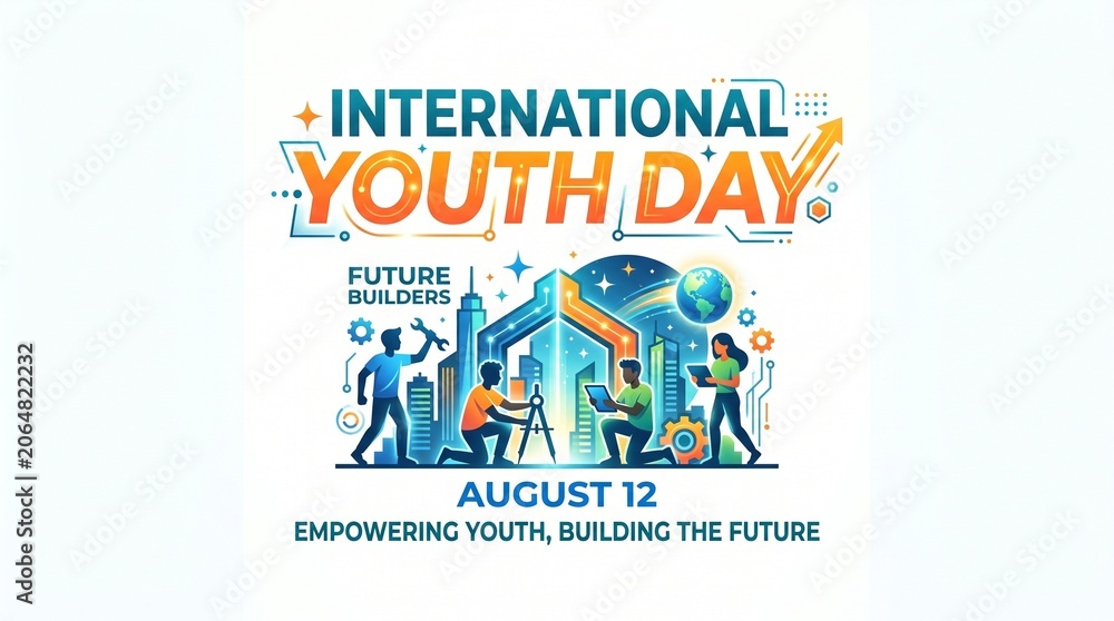 Fototapeta premium International youth day banner with young people building the future with tools and modern technology