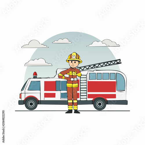 Cartoon Firefighter Standing Next to Fire Truck