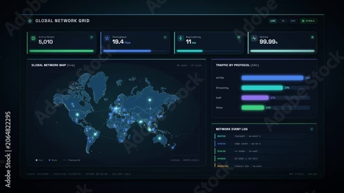Global network monitoring dashboard with world map and real time traffic data analytics