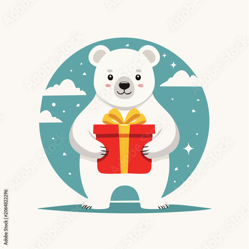 Cute polar bear holding a gift box