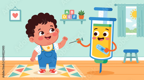 A cartoon boy and friendly syringe character in a playroom with educational toys.
