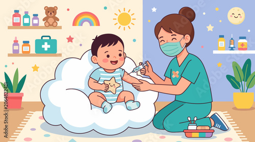 Nurse giving a baby an injection.