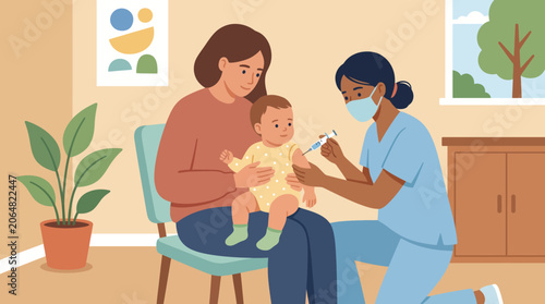 a woman holding a baby while a nurse prepares to administer a vaccination.
