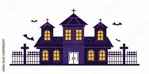 Fotografie Cartoon style haunted house illustration with bats and a picket fence
