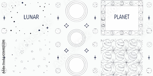 Bild auf Leinwand Planetary and lunar themed pattern with stars rings and celestial bodies