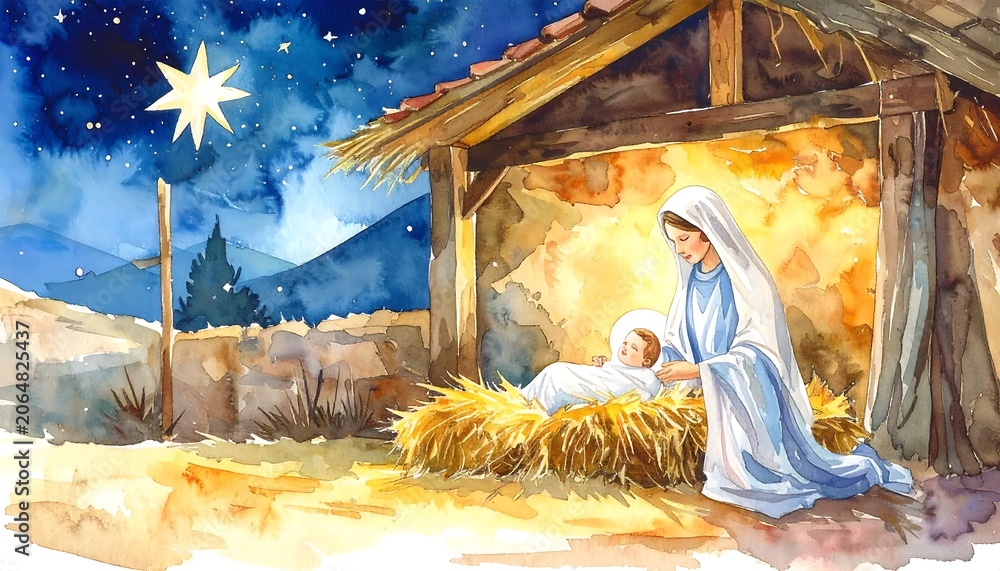 Fototapeta premium Gentle Mother Mary Cradling Baby Jesus in Rustic Nativity Stable at Night