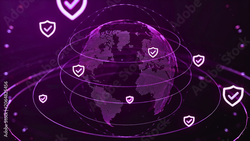 Global Cybersecurity and Data Protection Network Concept with Shield Icons on Digital Earth Globe