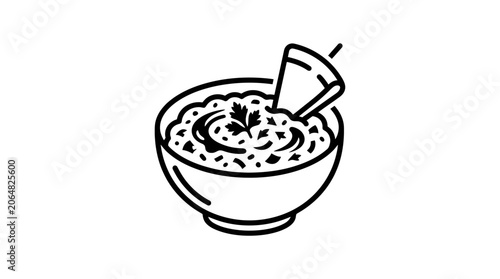 Hummus Bowl with Pita Chip and Parsley - Line Art Icon