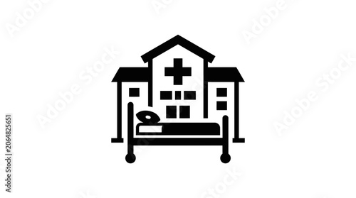 Hospital Building Icon with Bed and Cross Symbol