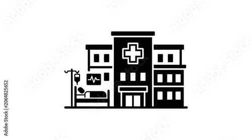 Hospital Building Icon with Patient Bed and IV Drip - Healthcare Symbol