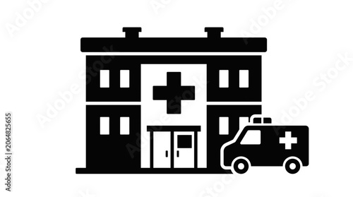 Hospital Building with Ambulance Icon, Medical Healthcare Service