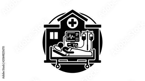 Hospital Patient Care Icon: Bedside Monitor, IV Drip, and Medical Building