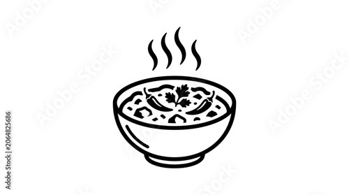 Hot Soup Bowl Icon with Steam and Chili Peppers, Vector Illustration