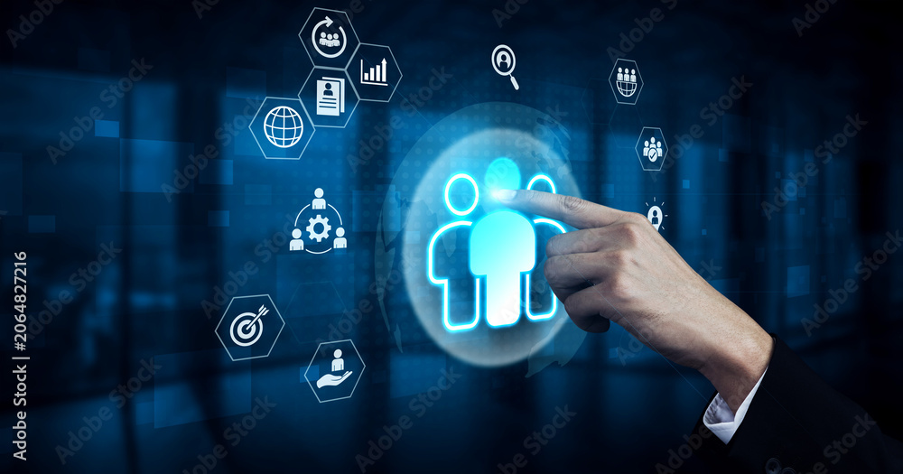 Fototapeta premium Glowing human figures surrounded by business icons representing HR data analysis, employee management, and recruitment analytics Parse