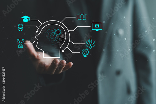 Digital learning and AI education concept featuring knowledge management, online training, skill development, e-learning technology, professional growth, innovation, and lifelong learning.