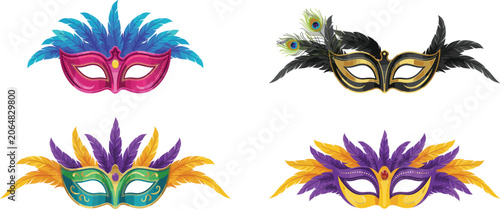 Foto Carnival masquerade masks with feathers set vector illustration, venetian festiv