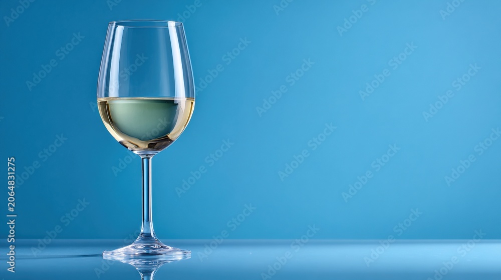 Fototapeta premium formal. Elegant still life of a crystal white wine glass on a blue background. bar promotions, beverage menus, designed for food & beverage menus and cafe branding, used by management consultants.