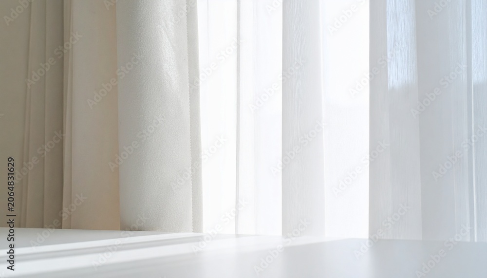 Fototapeta premium Bright Window with Sheer White Curtains and Sunlight