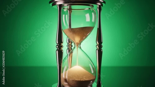 Close-up of an antique hourglass with sand flowing on a green background.