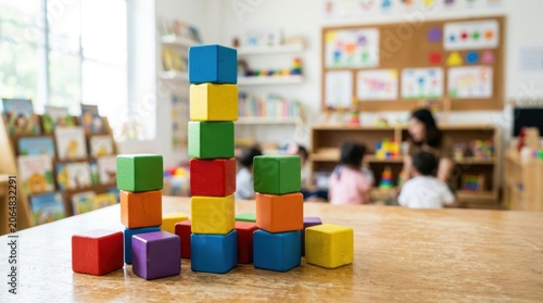 Colorful Wooden Blocks Stacked in Preschool Classroom.