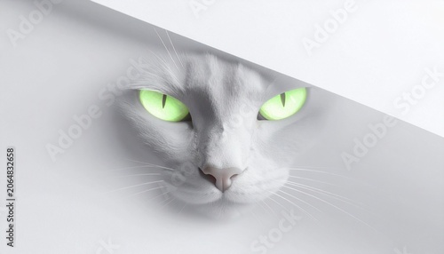 White Cat with Glowing Green Eyes Peeking Out