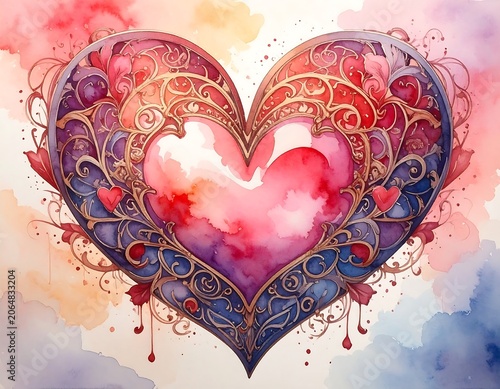 A colorful heart with intricate gold designs and a watercolor background