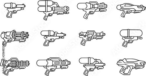 Fotografía Black and White Line Art Icons of Various Water Guns and Futuristic Blasters