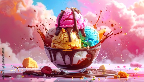 A colorful ice cream sundae with scoops and chocolate sauce splashing against a vibrant cloudy sky