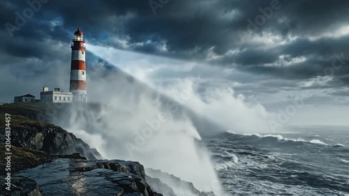 Dramatic Lighthouse Beacon Shines Through Stormy Seas and Crashing Waves.