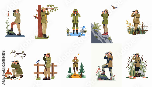Εκτύπωση καμβά Set of birdwatchers in diverse natural environments using binoculars for wildlife observation and nature exploration