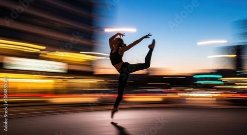 A dancer in a black leotard and black tights performs a dynamic dance move on a city street at dusk, with blurred city lights in the background.