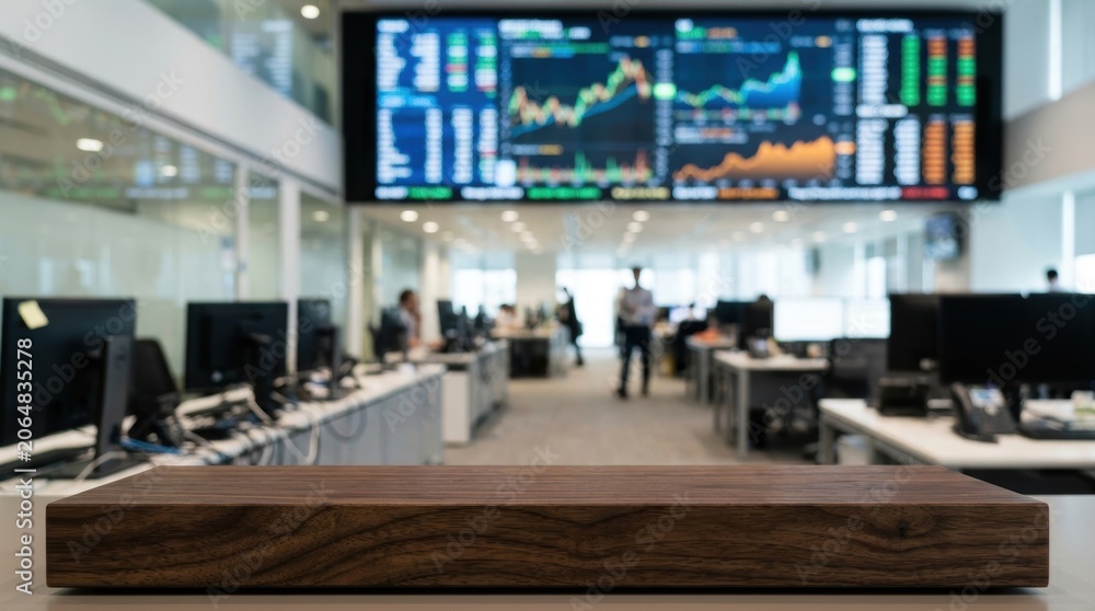 Obraz premium Modern office with large digital stock market display.
