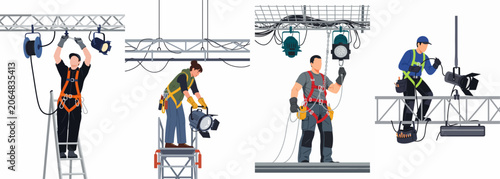 Cuadro en lienzo Professional stage technicians and riggers installing and maintaining lighting equipment on metal trusses for theater, concert, or studio productions
