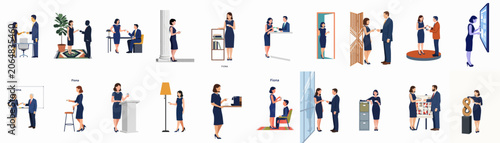 Vector flat illustrations of business people networking, exchanging business cards, and collaborating in various professional office settings.