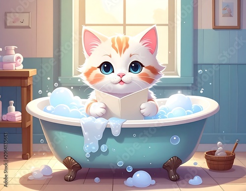 A cute cat relaxes in a teal bathtub filled with bubbles