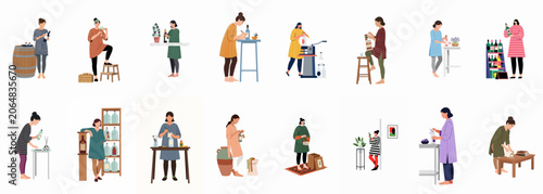 Collection of flat vector illustrations showing women working in a boutique winery, bottling, labeling, tasting, and selling wine.