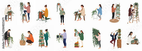 Set of flat illustrations featuring women caring for indoor plants, pruning ivy, and watering greenery in various home and garden settings.