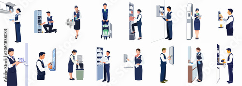 Valokuva Collection of vector illustrations showing airline cabin crew performing various inflight service, cleaning, and maintenance tasks inside an airplane