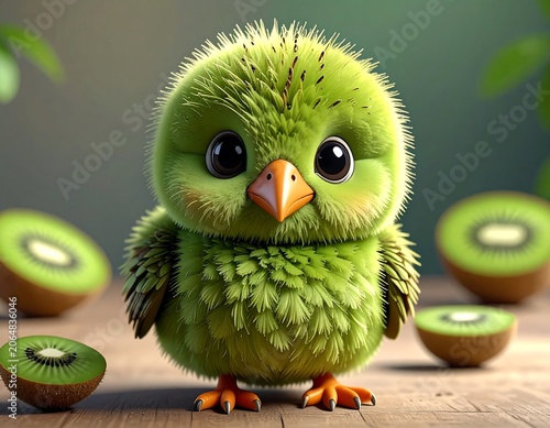 A cute, fluffy green bird with big eyes standing on a wooden surface surrounded by sliced kiwis