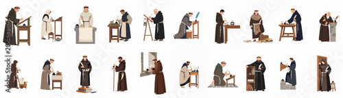 Fotografie Collection of flat vector illustrations depicting medieval monks engaged in calligraphy, manuscript copying, and scholarly pursuits on a white background