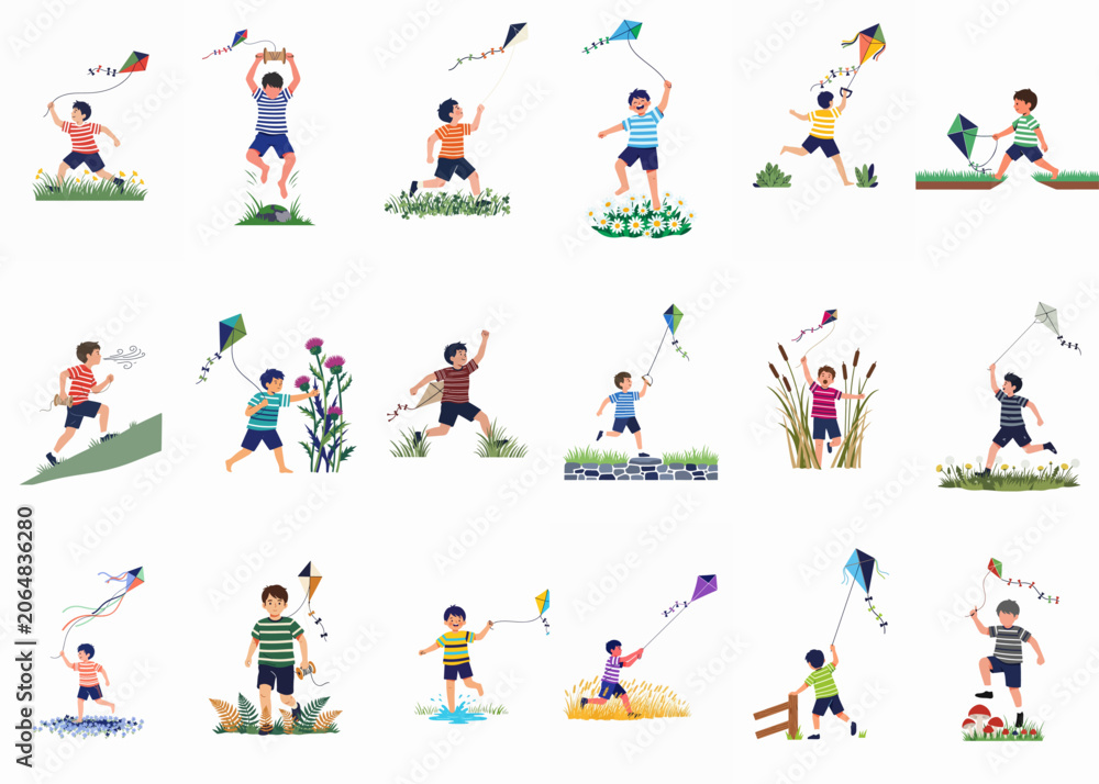 Fototapeta premium Vector illustrations of a young boy flying kites in various outdoor summer scenes, featuring different poses and natural environments.