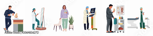 Bild auf Leinwand Set of flat illustrations depicting various stages of rhinoplasty, from initial medical consultation and digital scanning to surgery preparation and recovery