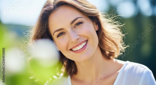 A smiling woman with brown hair, wearing a white shirt, standing outdoors with greenery in the background.