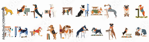 Foto Large collection of various naughty dog breeds stealing food and misbehaving wit