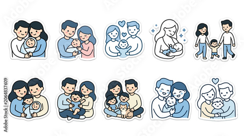 Canvastavla Collection of cute line art stickers illustrating happy family moments and parental love