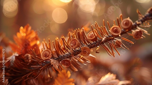 Pine branch leaf pegs after needle fall close up